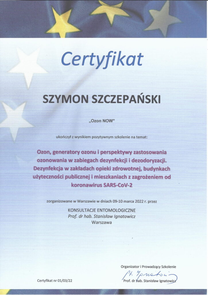Certyfikat - ozon NOW - ozonowanie pomieszczeń